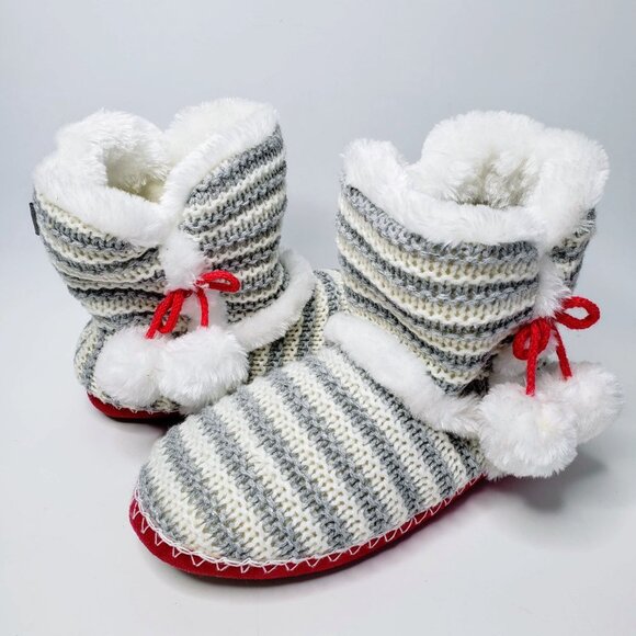 Totes Toasty Knitted Striped Furry Lined Memory Foam Boot Slippers M - Picture 4 of 10